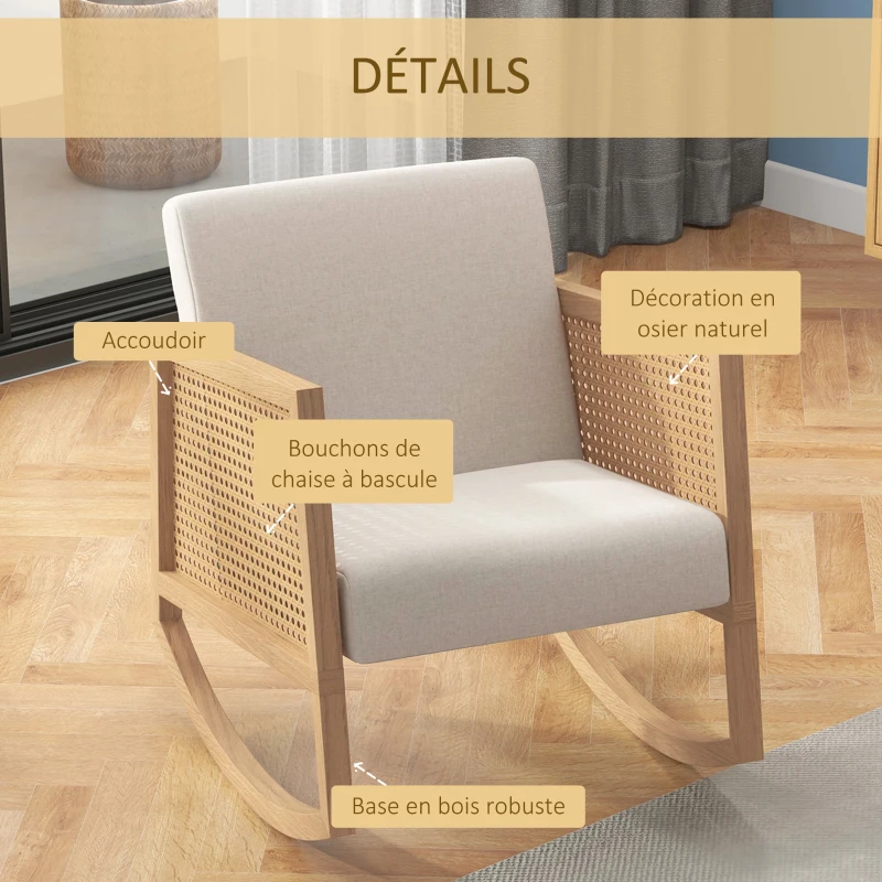HOMCOM Fauteuil à bascule rocking chair design tissu effet lin accoudoirs cannage style bohème structure en d'hévéa gris clair