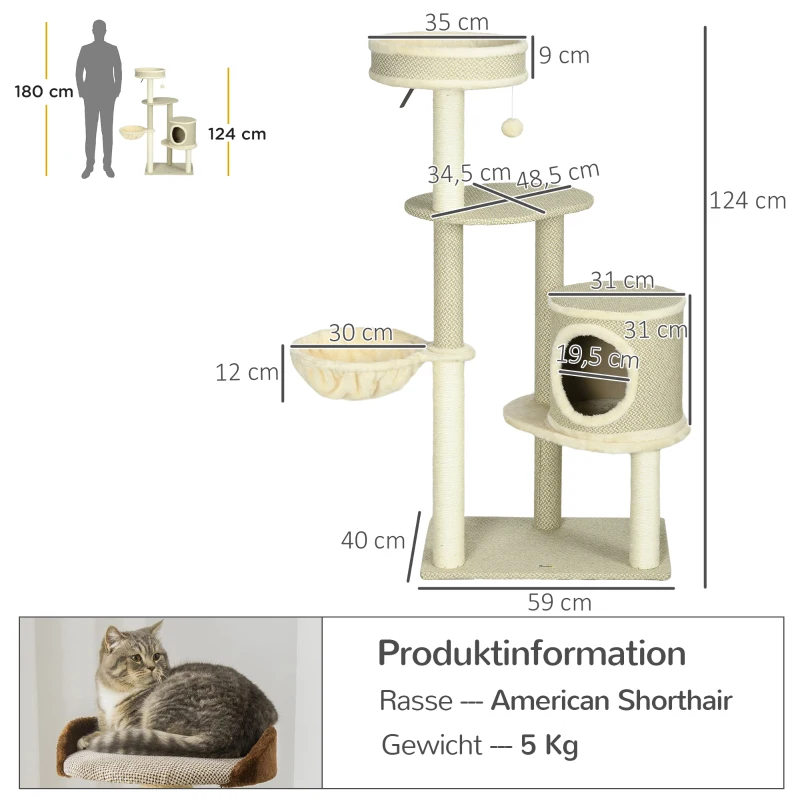 PawHut Kratzbaum Katzenbaum, 1 Katzenbett, 1 Katzenhöhle, 2 Liegeflächen, 124 cm x 59 cm x 40cm +Beige