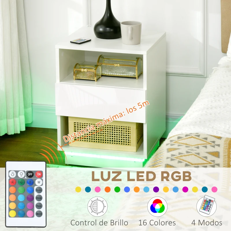 HOMCOM Mesita de Noche con Luz LED Mesilla de Noche con Mando a Distancia Cajón de Alto Brillo y 2 Estantes 40x40x55 cm Blanco