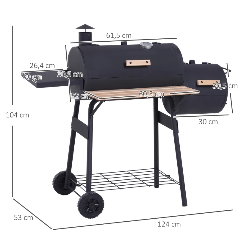 Outsunny Barbacoa de Carbón 3 en 1 Ahumador Parilla de Carbón Barbacoa de BBQ 124x53x104 cm con Termómetro y Ruedas Estantes