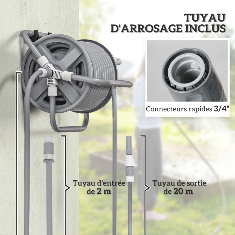 Outsunny Dévidoir enrouleur de tuyau d'arrosage 20m + 2m, buse de pulvérisation réglable 2 en 1, à fixer au mur ou à poser