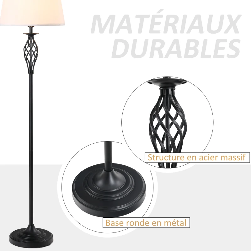 HOMCOM Lot de 3 luminaires design contemporain - lampadaire sur pied + 2 lampes de tables - métal noir polyester coton blanc