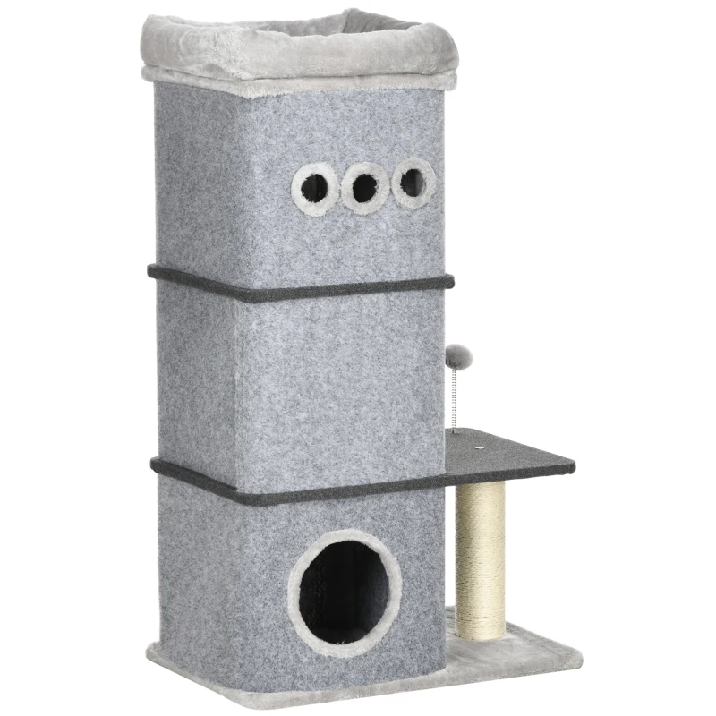 PawHut Barril Rascador para Gatos con Caseta de Fieltro Extraíble Poste de Sisal Cama y Bola de Juego 60x40x102 cm Gris
