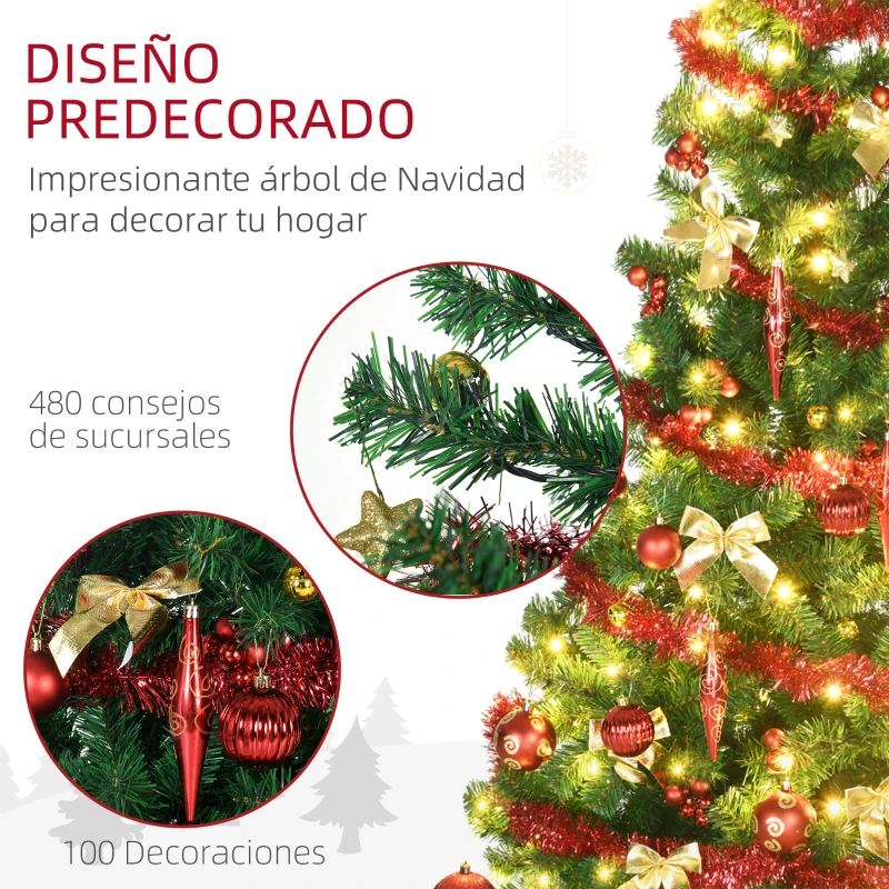 HOMCOM Árbol de Navidad Artificial de 480 Ramas con 150 Luces LED con 8 Modos y 100 Decoraciones Acero Ø86x180 cm Verde