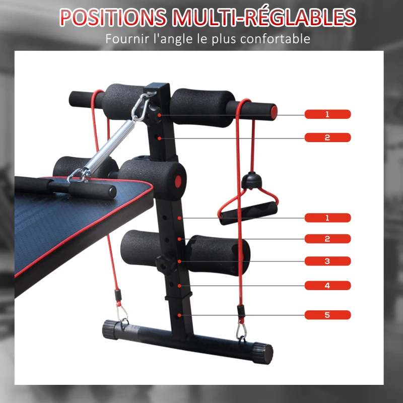HOMCOM Banc de musculation appareil à abdo hauteur réglable 137,5L x 55,5l x 50-68H cm 2 bandes de résistances + ressort central traction acier noir rouge