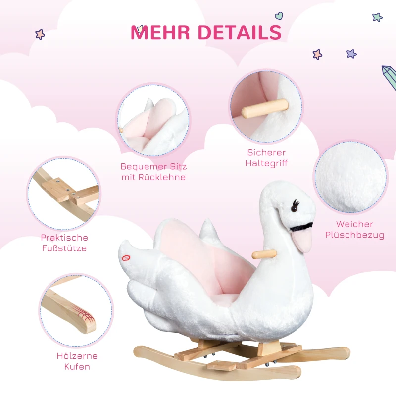 HOMCOM Schaukeltier Schaukelpferd mit Sicherheitsgurt Musik, 55 cm Baby Schaukel aus weichem Plüsch Schaukelspielzeug Spielzeug Wippe für Baby Kinder Kleinkinder ab 18 Monate Holz