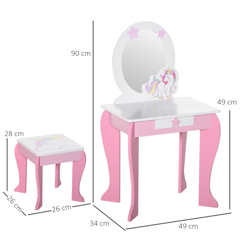 HOMCOM 2-Set Kinderschminktisch mit Hocker Frisiertisch Frisierkommode mit Schublade Spiegel für Kleinkind Mädchen Akryl Rosa+Weiß 49 x 34 x 90 cm