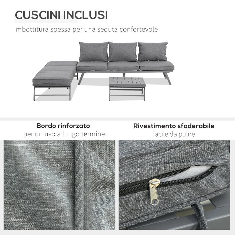 Outsunny Set con 2 Divani da Esterno con Schienale Reclinabile e 1 Tavolino da Giardino, Metallo e Poliestere, Grigio