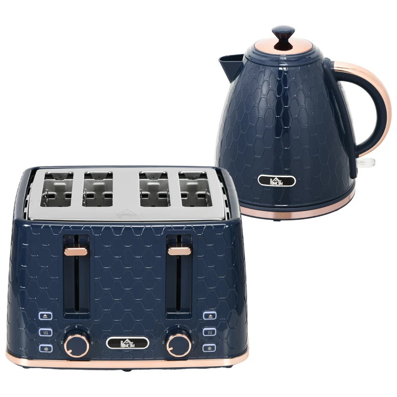 HOMCOM Kettle and Toaster Set, 1.7L 3000W Fast Boil Jug Kettle with Auto Shut Off, 4 Slice Toaster with 7 Level Browning Controls & Crumb Tray, UK Otter Thermostat, Blue