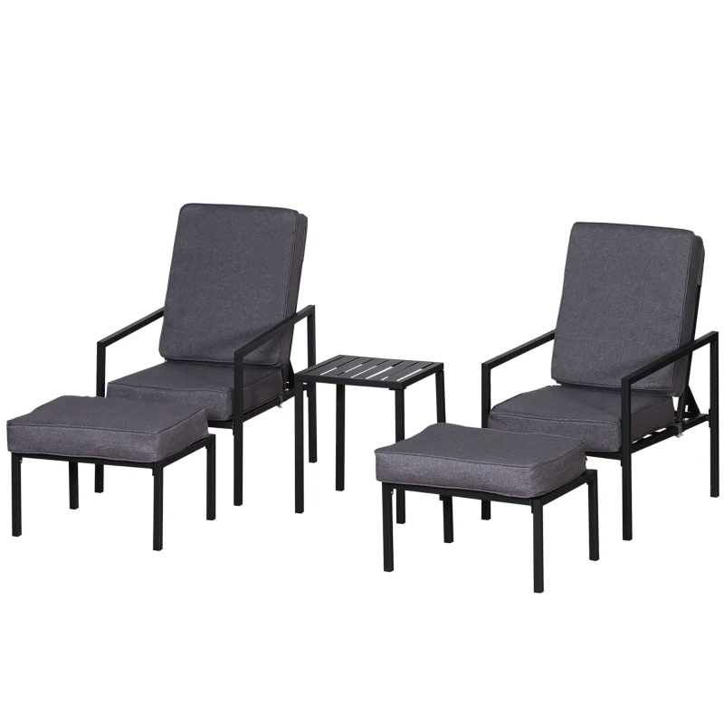 Outsunny Set 5 Pezzi Mobili da Esterno, 2 Sedie Sdraio Reclinabili, 2 Pouf e 1 Tavolino, Grigio e Nero, Metallo e Poliestere