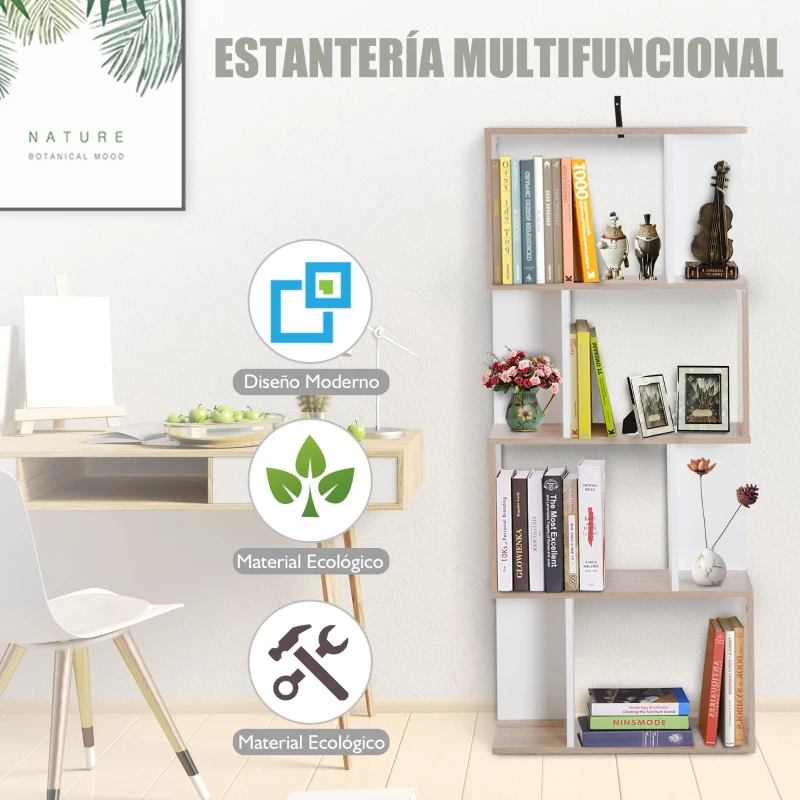 HOMCOM Estantería Librería 4 Estante Estantería Alta Pared Estante de Exposición Forma S Diseño Moderno para Salón Oficina 60x24x148cm Madera