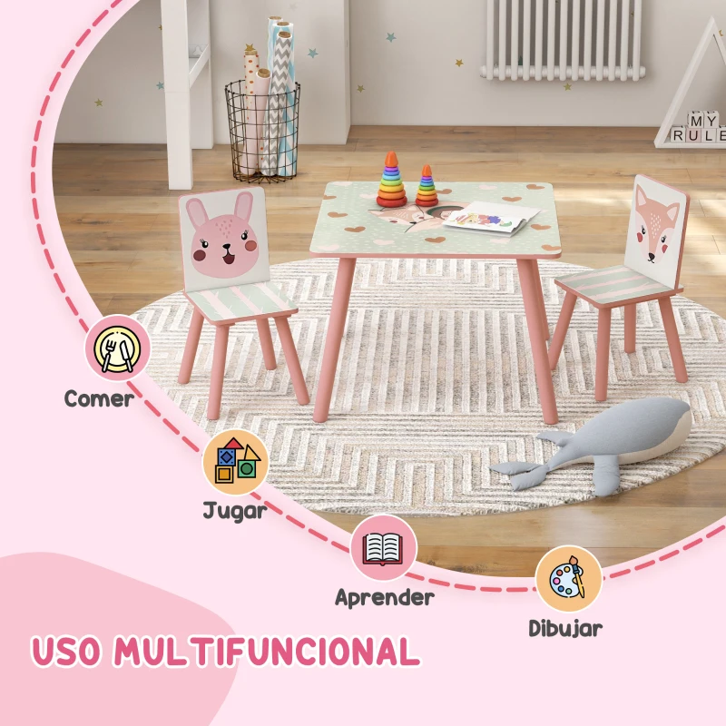 ZONEKIZ Set de Mesa y 2 Sillas Conjunto de Muebles Infantiles de 3 Piezas para Niños de +3 Años con Estampado Animales y Rosa