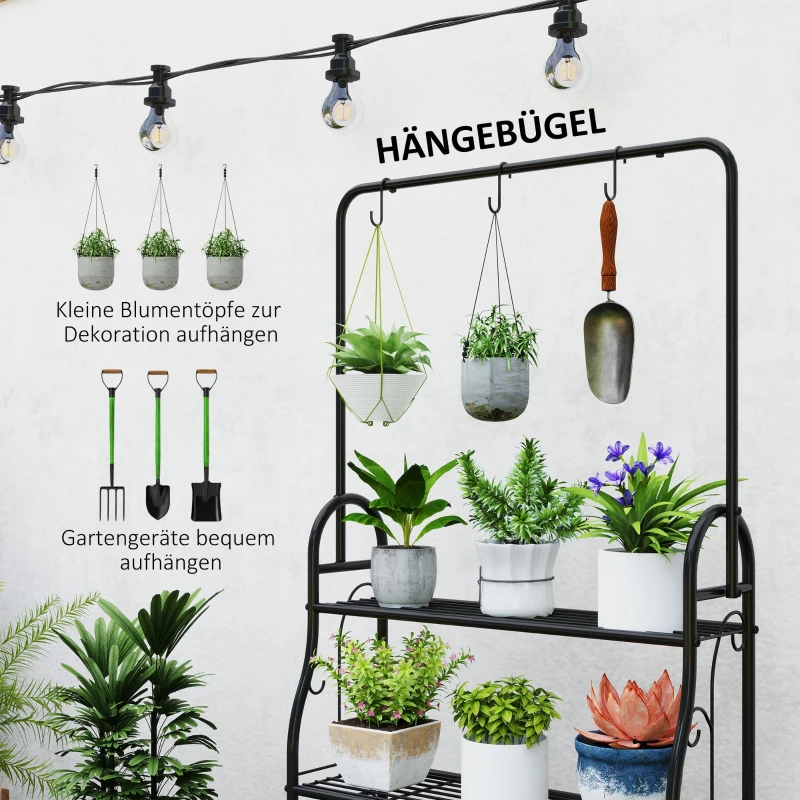 Outsunny Blumenregal, 3-stufiges Pflanzenregal mit Hängehaken, Metallregal für Blumentöpfe, Indoor- und Outdoor-tauglich, Schwarz