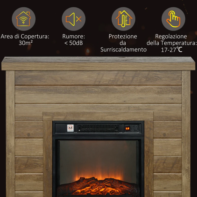 HOMCOM Camino Elettrico 1800W con Effetto Fiamma e Telecomando, in Legno, Metallo e Vetro, 96.5x22x81.7 cm, color Legno