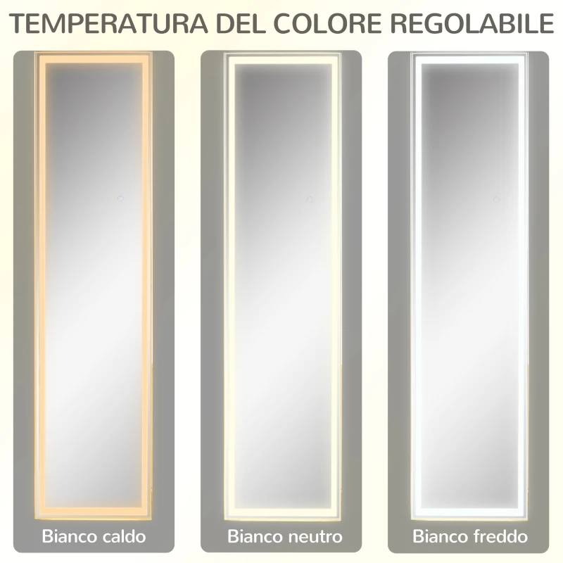 HOMCOM Specchio da Terra e da Parete con Luce LED Regolabile e Telecomando, 40x37x156.5cm