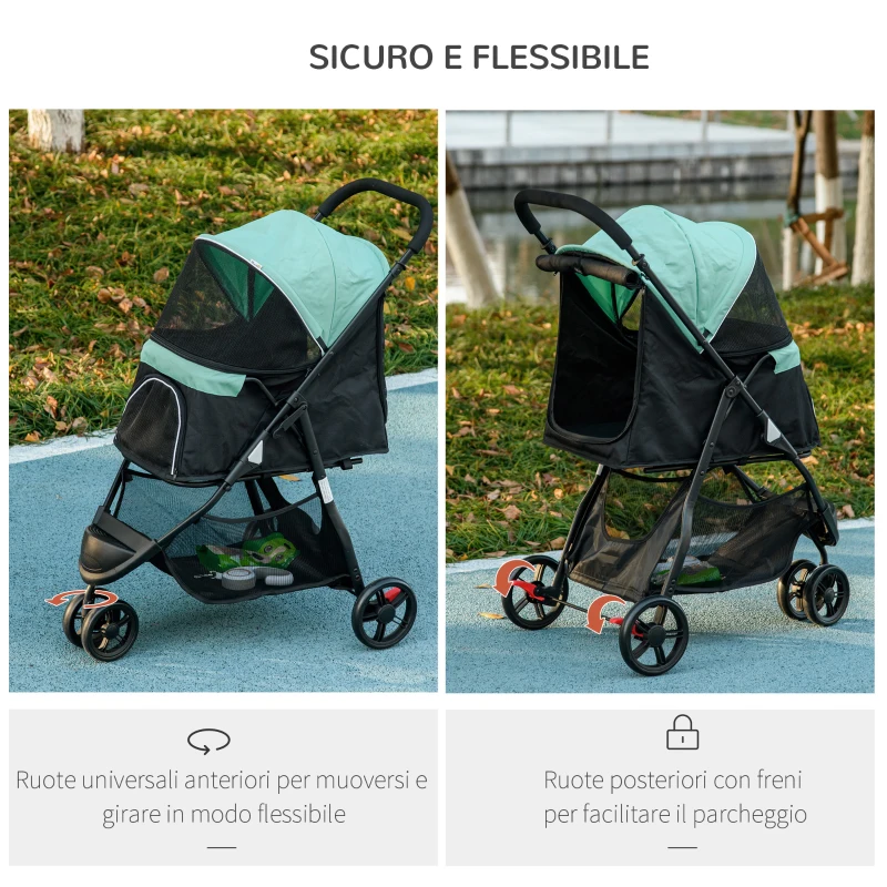 PawHut Passeggino per Cani Piccoli Pieghevole a 3 Ruote con Copertura Antipioggia e Cestino, Verde