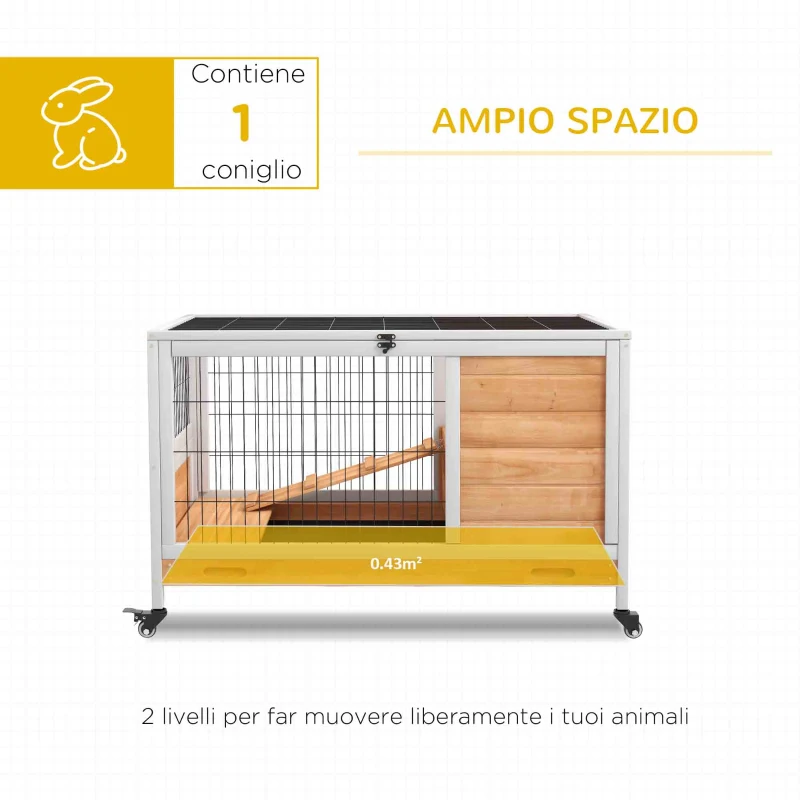 PawHut Conigliera in Legno con 4 Ruote, Casetta per Conigli e Rampa, 90x53x59cm, Giallo
