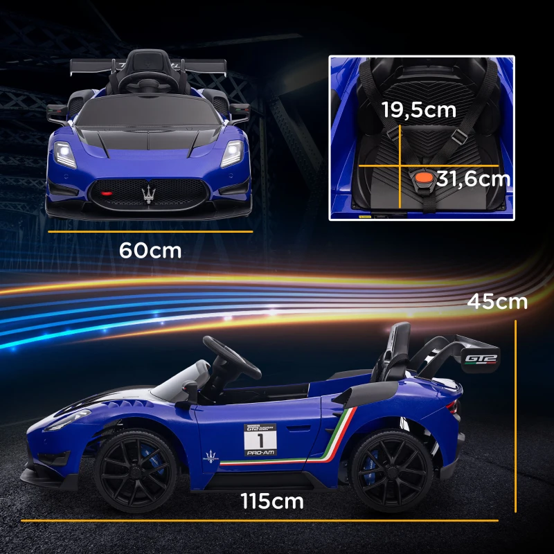 AIYAPLAY Coche Eléctrico para Niños de +3 Años Maserati GT2 con Mando a Distancia Faros LED Bocina Música Ruedas Auxiliares Azul(m-3)