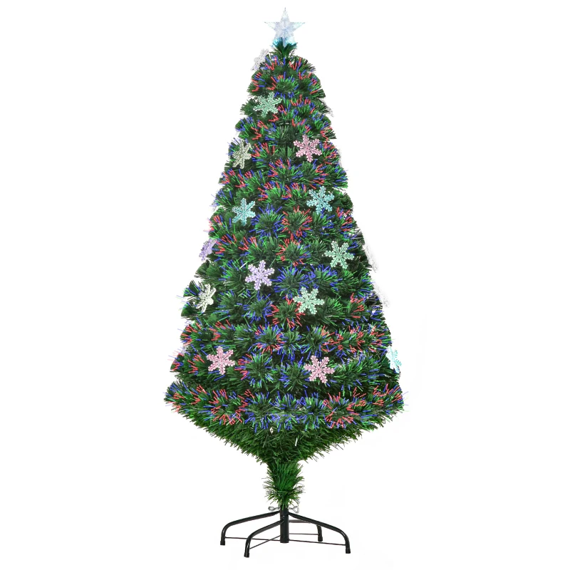 HOMCOM Albero di Natale Artificiale 150cm con Fibre Ottiche e 21 Luci LED, Decorazioni a Forma di Fiocco di Neve, Verde