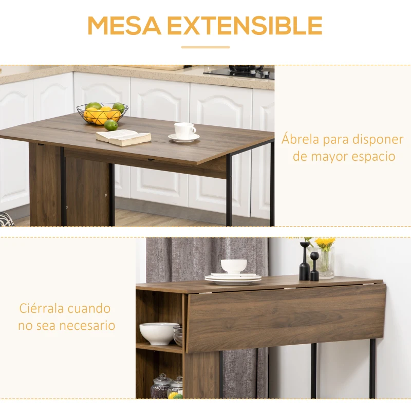 HOMCOM Mesa de Bar Extensible con 3 Estantes de Almacenamiento y Marco de Metal para Cocina Comedor 120x76x91,4cm Marrón