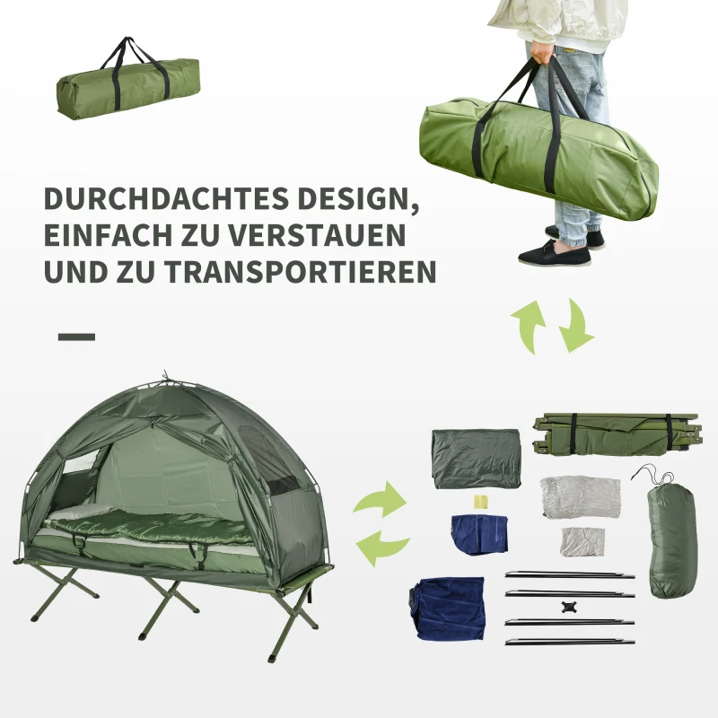 Outsunny Campingzelt-Set mit Feldbett, Schlafsack und Matratze Dunkelgrün
