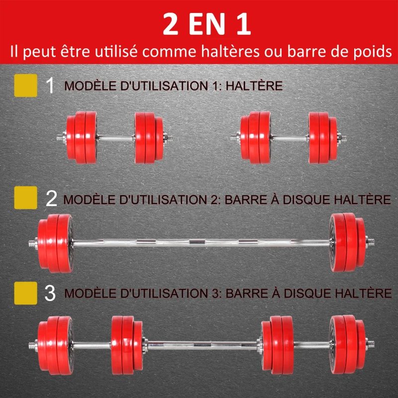 HOMCOM Ensemble d'haltères musculation 30 kg total poids réglable disques 2,5 / 1,25 kg 2 barres d'haltères nickelé revêtement plastique Ø 21,5 / Ø 17,5 cm noir