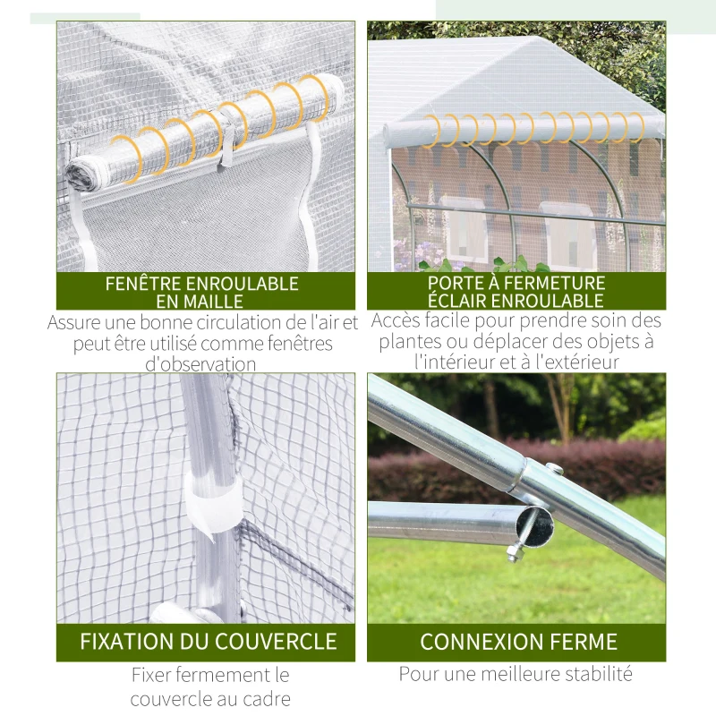 Outsunny Serre Tunnel de Jardin 10,5 m² dim. 3,5L x 3l x 2H m Porte + 6 fenêtres enroulables Acier galvanisé bâche PE Haute densité Blanc