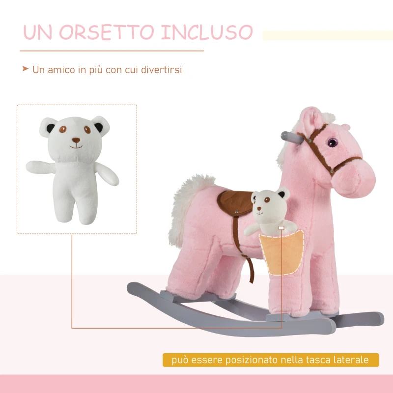 HOMCOM Cavallo a Dondolo per Bambini in Legno e Peluche con Suoni e Orsetto Incluso, per Bimbi da 18-36 Mesi, 65x26x55cm, Rosa