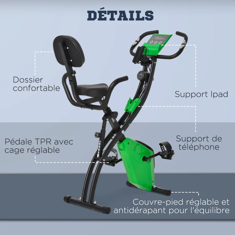 HOMCOM Vélo d'appartement pliable, vélo d'exercice, home traîner pour adultes, 8 niveaux de résistance magnétique, capteurs pouls main, écran LCD multifonction, selle réglable, acier, vert, noir