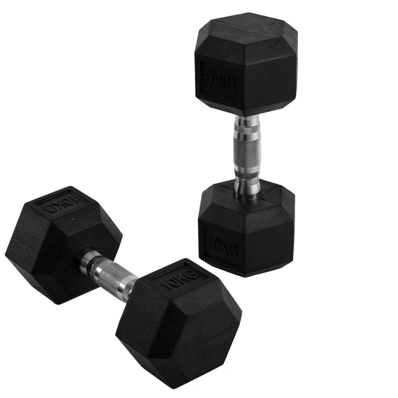 HOMCOM Juego de Mancuernas 2x10 kg con Barra de Conexión de Metal Cabeza Hexagonal para Entrenamiento en Casa Negro y Plata