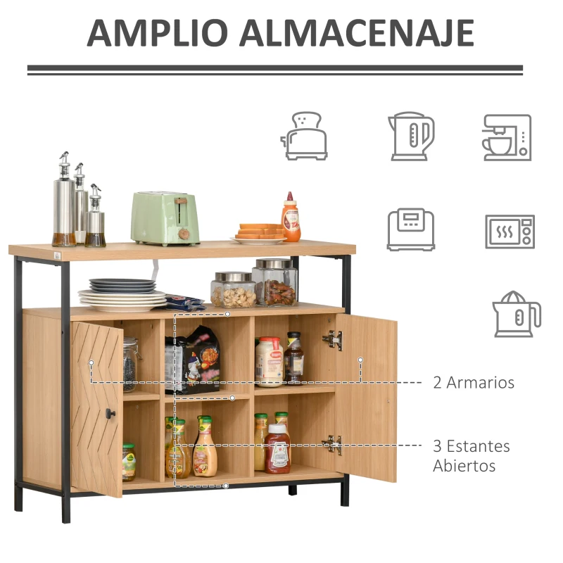 HOMCOM Aparador para Comedor Cocina con Estantes Abiertos 2 Puertas y Baldas Ajustables Estilo Moderno Gran Almacenaje para Sala de Estar 100x35x80 cm Roble