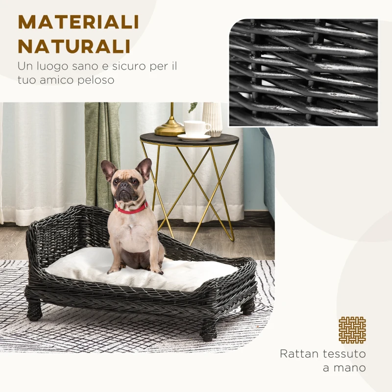 PawHut Cuccia per Animali Domestici Forma Chaise Longue in Vimini Nero Cuscino in Pile 69x42x33cm
