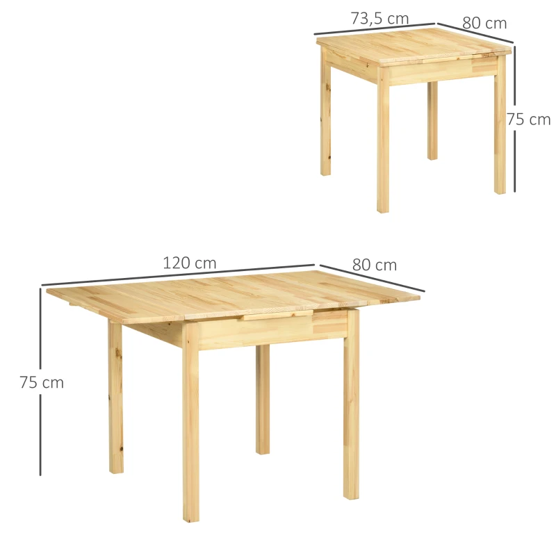HOMCOM Mesa de Comedor Extensible de Madera Mesa de Cocina con Alas Abatibles para 2-4 Personas Carga 50 kg 120x80x75cm Natural