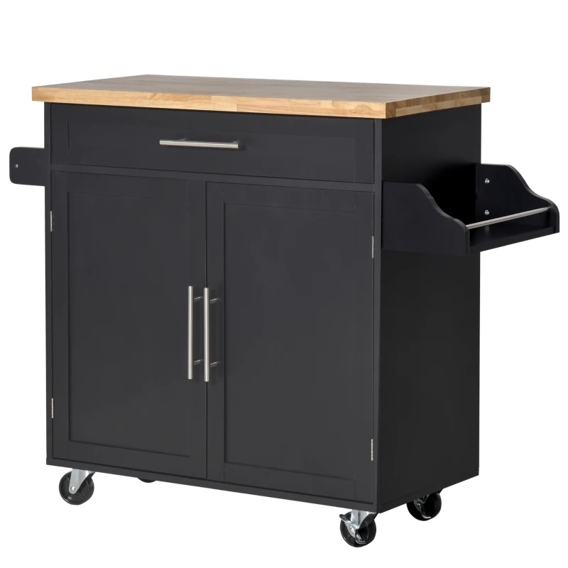 HOMCOM Carrello da Cucina Multiuso con Cassetto, Ruote, Portaspezie e Armadietto, Mobiletto Cucina con Ripiano Regolabile, Portasciugamani e Piano in Legno di Caucciù, 109x40x89 cm, Nero