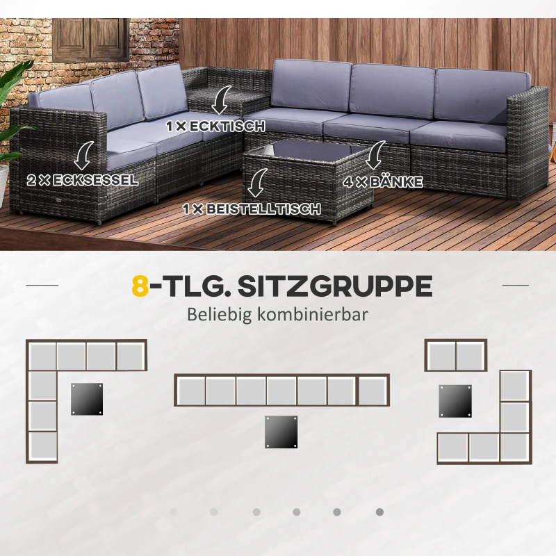 Outsunny 8-tlg. Polyrattan Gartengarnitur Gartenmöbel Garten-Set Sitzgruppe Loungeset Loungemöbel Beistelltisch als Aufbewahrungskorb Dunkelgrau Stahl + Polyester 58 x 58 x 37 cm