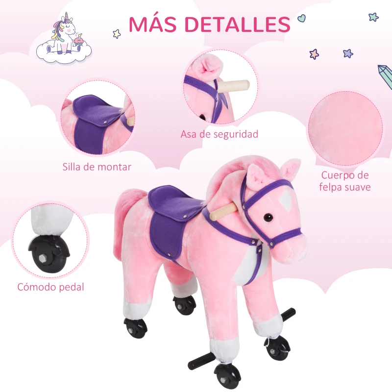 HOMCOM Caballito Infantil +2 Años Caballo con Ruedas Sonidos de Relincho Palos Pedales 55x23x60 cm Rosa