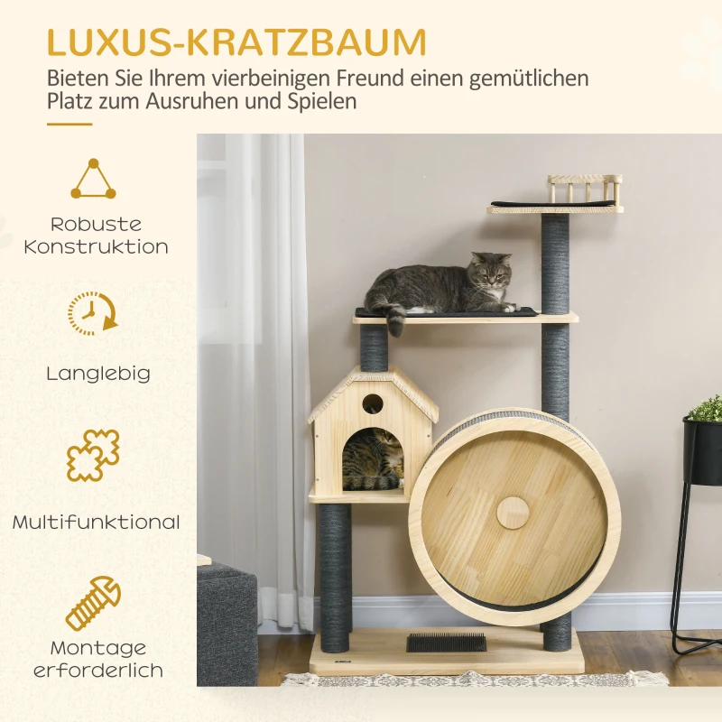PawHut Katzenbaum mit Laufrad 4-Stock Kratzbaum Katzenhaus mit Sisalsäulen Katzenhöhle Kiefernholz Natur 80 x 50 x 143 cm