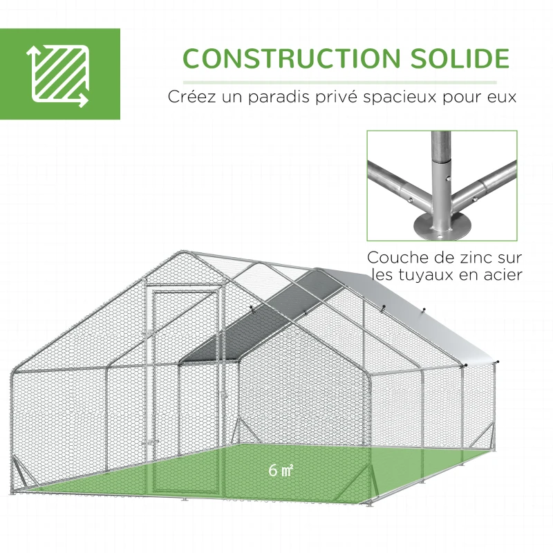 PawHut Enclos poulailler chenil volière extérieur 18 m² - Parc grillagé dim. 3L x 6l x 2H m - Espace Couvert - Acier galvanisé