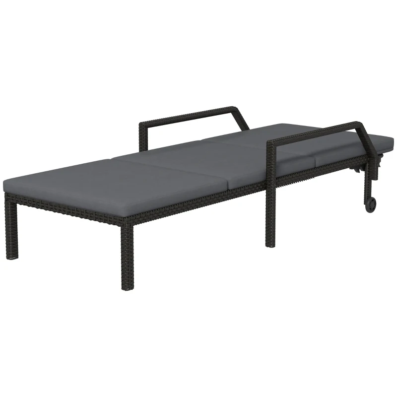 Outsunny Tumbona de Ratán Sintético con Respaldo Ajustable en 5 Posiciones Cojín y Ruedas 73x200x48 cm Gris Oscuro y Negro
