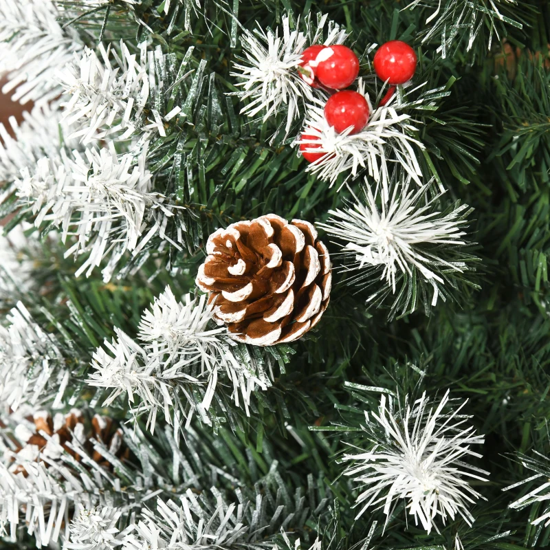 HOMCOM Albero di Natale Innevato Artificiale 180cm con Bacche Rosse e Pigne Bianche, Base Rimovibile Pieghevole, 618 Rami