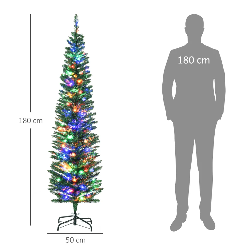 HOMCOM Sapin de Noël artificiel lumineux en forme de crayon 180 cm 150 lumières multicolores 390 branches base en acier vert