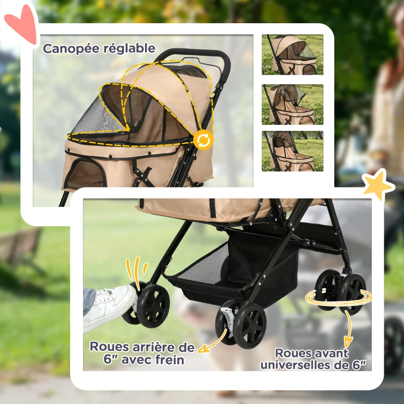 PawHut Poussette pour chien animaux de compagnie pliable 4 roues EVA guidon réglable panier 76,5 x 52 x 95 cm marron