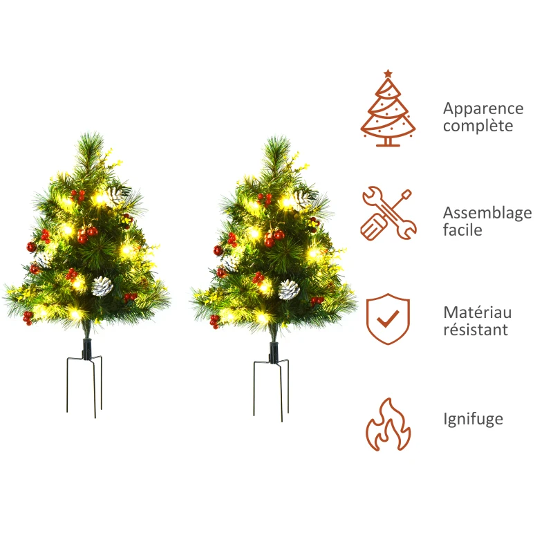 HOMCOM Sapins de Noël artificiel 75 cm - lot de 2 sapins LED - 8 modes réglable d'éclairage - 70 branches - décoration incluse - installation extérieur