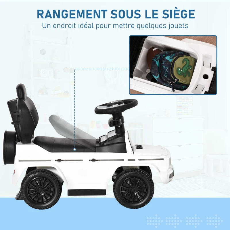 HOMCOM Porteur Enfants Voiture Enfant Multi-équipée 12-36 Mois klaxon Marche-Pieds, Garde-Corps et ombrelle Blanc