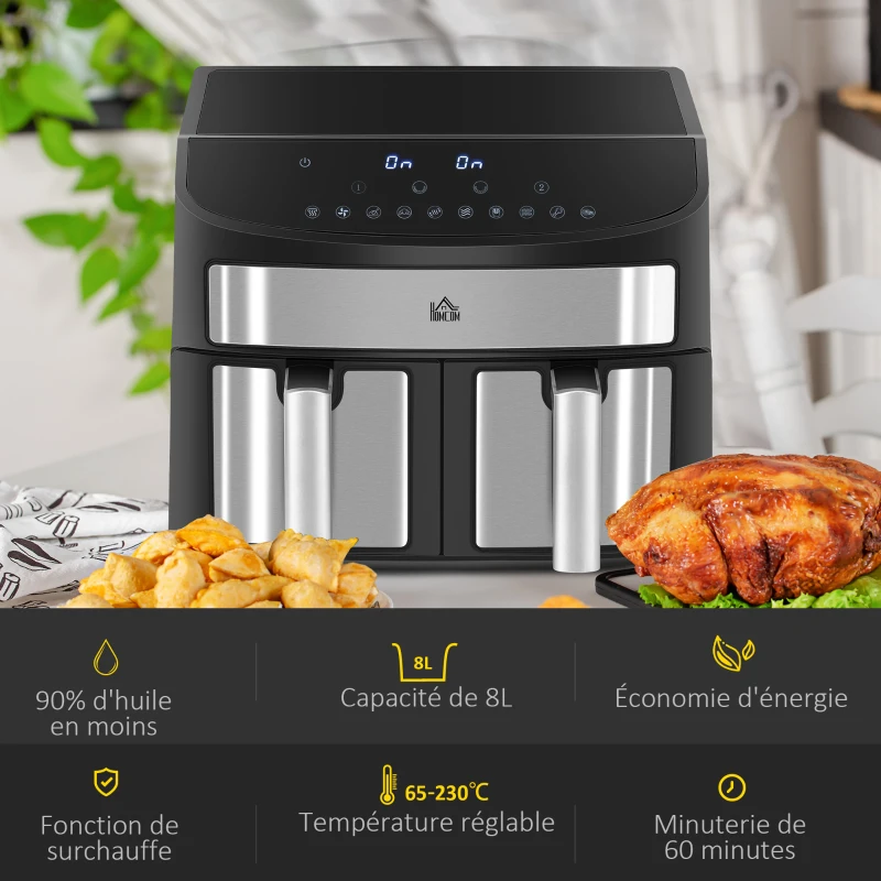 HOMCOM Friteuse à air sans huile, Air Fryer, double compartiment 8 L, 2400 W - 10 programmes, température réglable, minuterie