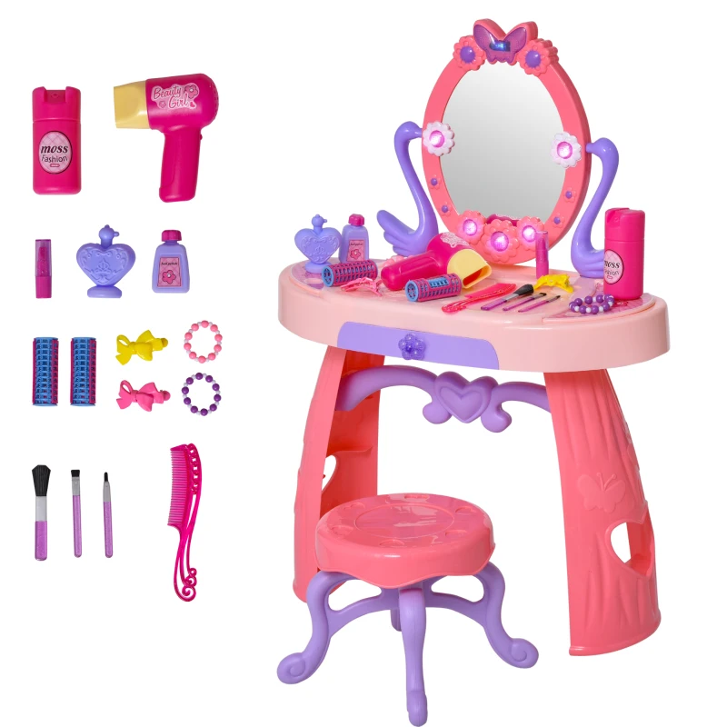 HOMCOM Kids Pretend Vanity Table Stool Beauty Pretend Princess Dressing Table Play Set with Mirror Lights Music & Makeup Accessories for Girls 3 Years Old Pink