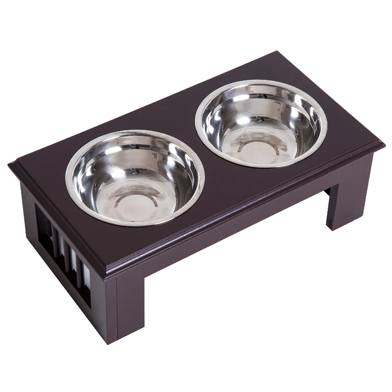 PawHut Ciotole Rialzate per Cani Extra Piccola e Taglia Piccola, Supporto Portaciotole in MDF con 2 Ciotole in Acciaio Inox per Cibo e Acqua, Caffè Scuro