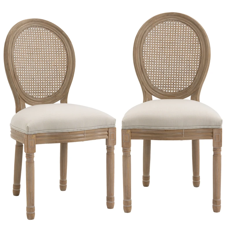 HOMCOM Lot de 2 chaises de Salle à Manger - Chaise de Salon médaillon Style Louis XVI - Bois Massif sculpté, patiné - Dossier cannage - Aspect Lin Crème