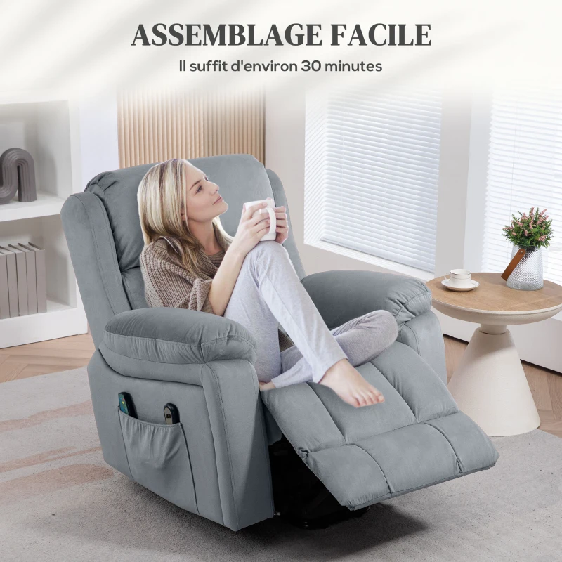 HOMCOM Fauteuil releveur électrique avec fonction massage et chaleur inclinaison réglable revêtement synthétique tissu gris