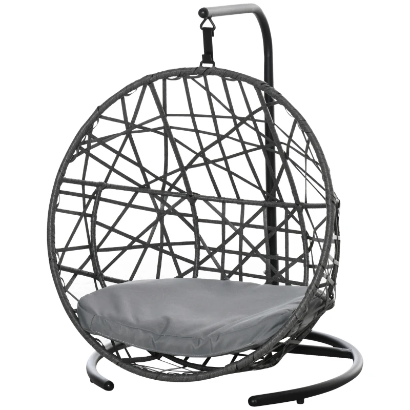 PawHut Rattan Hundehütte mit Kissen Hundehaus Haustierbett Katzenhaus Katzenkorb Katzenhöhle Hängesessel Hängematte für Hunde Katzen Outdoor Grau+Schwarz 60 x 53 x 76 cm